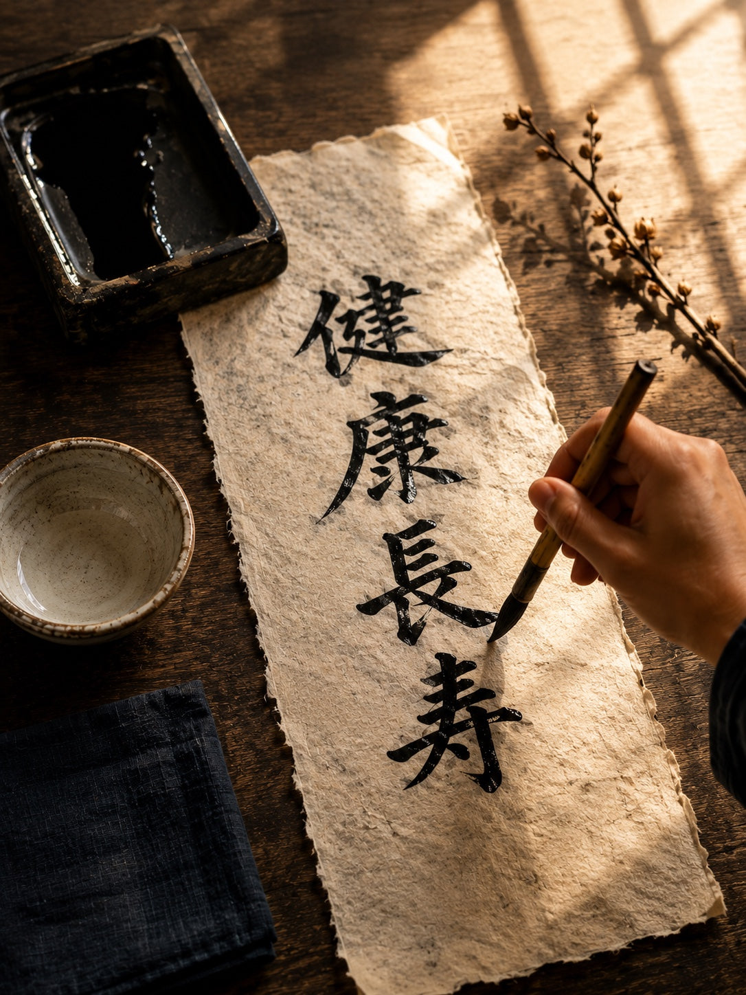 A hand painting the kanji 健康長寿 — born of a culture that asks for a long, healthy life