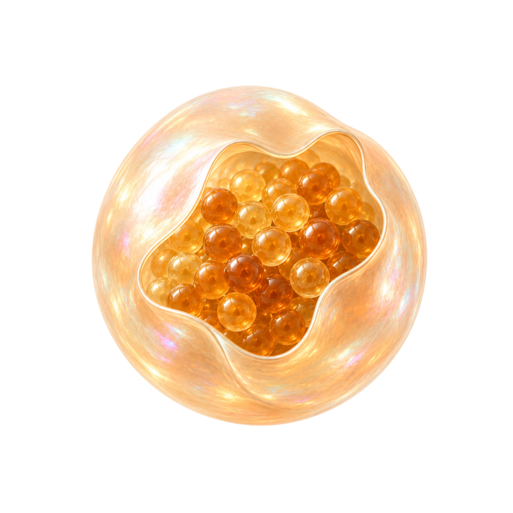A translucent Nadosei capsule revealing golden NAD+ molecules inside