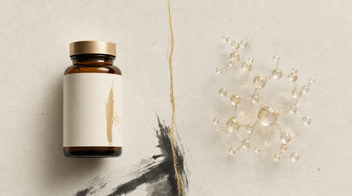 NMN vs NAD+ comparison — molecular structure and supplement bottle on washi paper