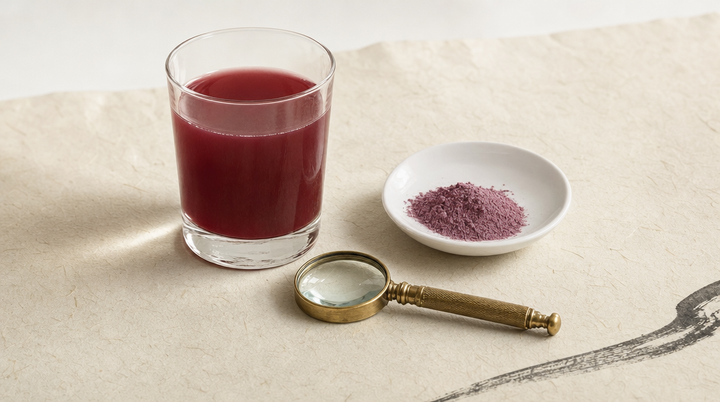 A glass of deep berry-red drink, a small dish of fine powder and a brass magnifying glass on washi paper: a close look at IM8 Daily Ultimate Longevity