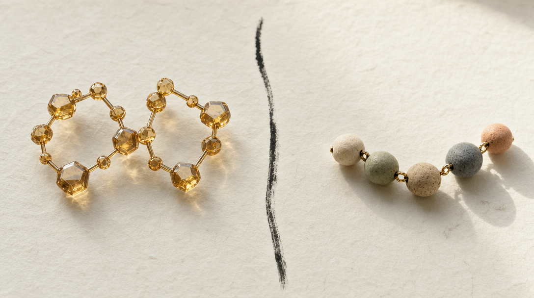A two-part amber molecule on the left and a short chain of ceramic beads on the right, split by an ink line
