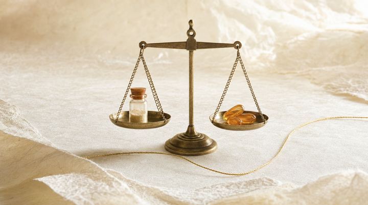 A small brass balance with a sealed vial on one pan and three amber capsules on the other