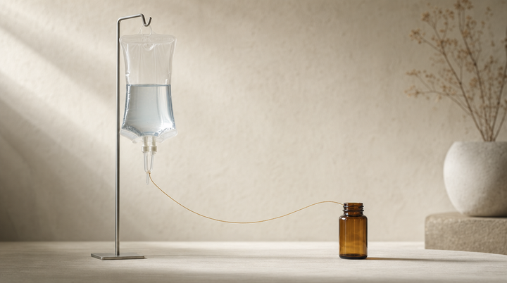Clinical infusion bag beside a bottle of oral NMN capsules on a pale washi background