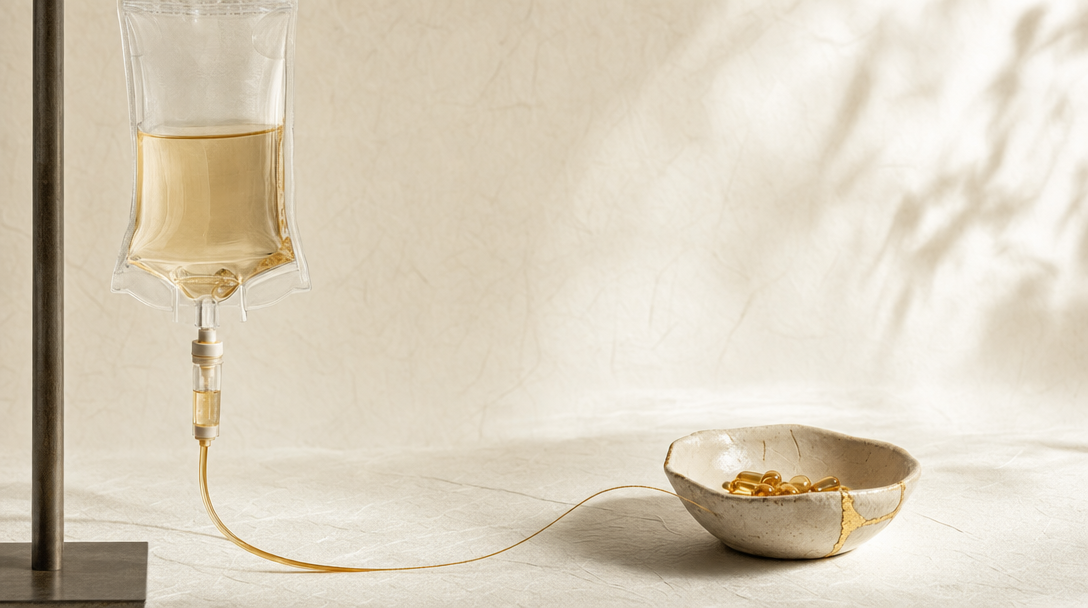 An IV drip bag with pale amber liquid next to a ceramic dish of capsules on washi paper