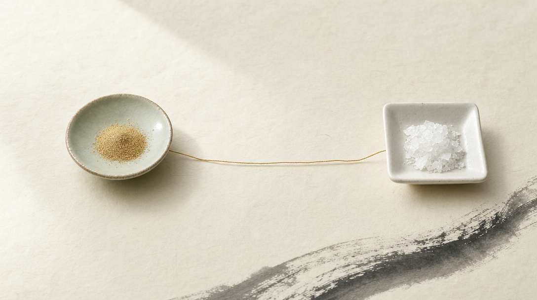 Two ceramic dishes on washi paper, one with pale gold powder and one with white crystals, joined by a thin gold line: NAD+ compared with NAC