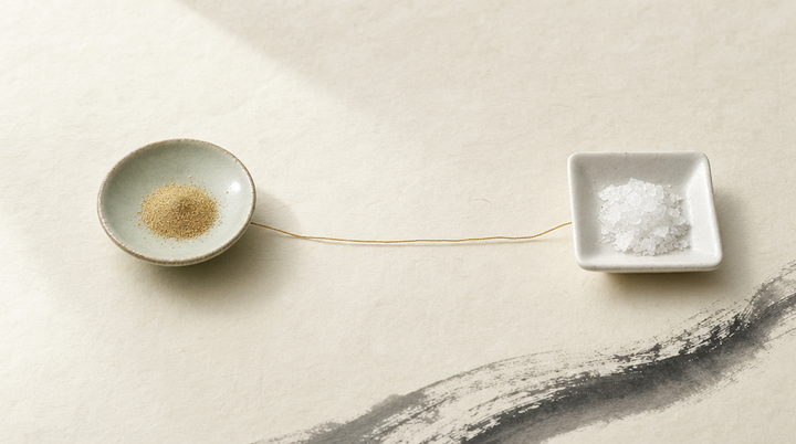 Two ceramic dishes on washi paper, one with pale gold powder and one with white crystals, joined by a thin gold line: NAD+ compared with NAC