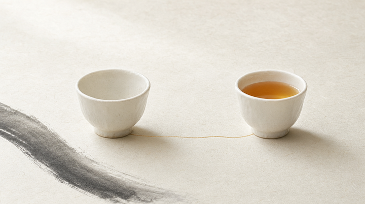 Two identical ceramic cups on washi paper, one empty and one holding a shallow pool of warm amber liquid: NAD+ and NADH, the empty and the charged form