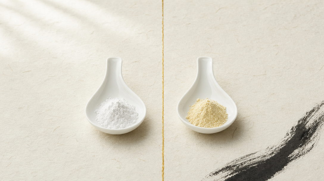 Two porcelain spoons on washi paper, one with fine white powder and one with pale cream powder: NMN and its reduced form, NMNH