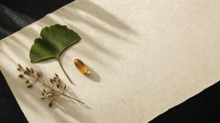 Premium NMN capsule still life on washi paper with a fresh ginkgo leaf and soft morning light — Nadosei longevity supplement.