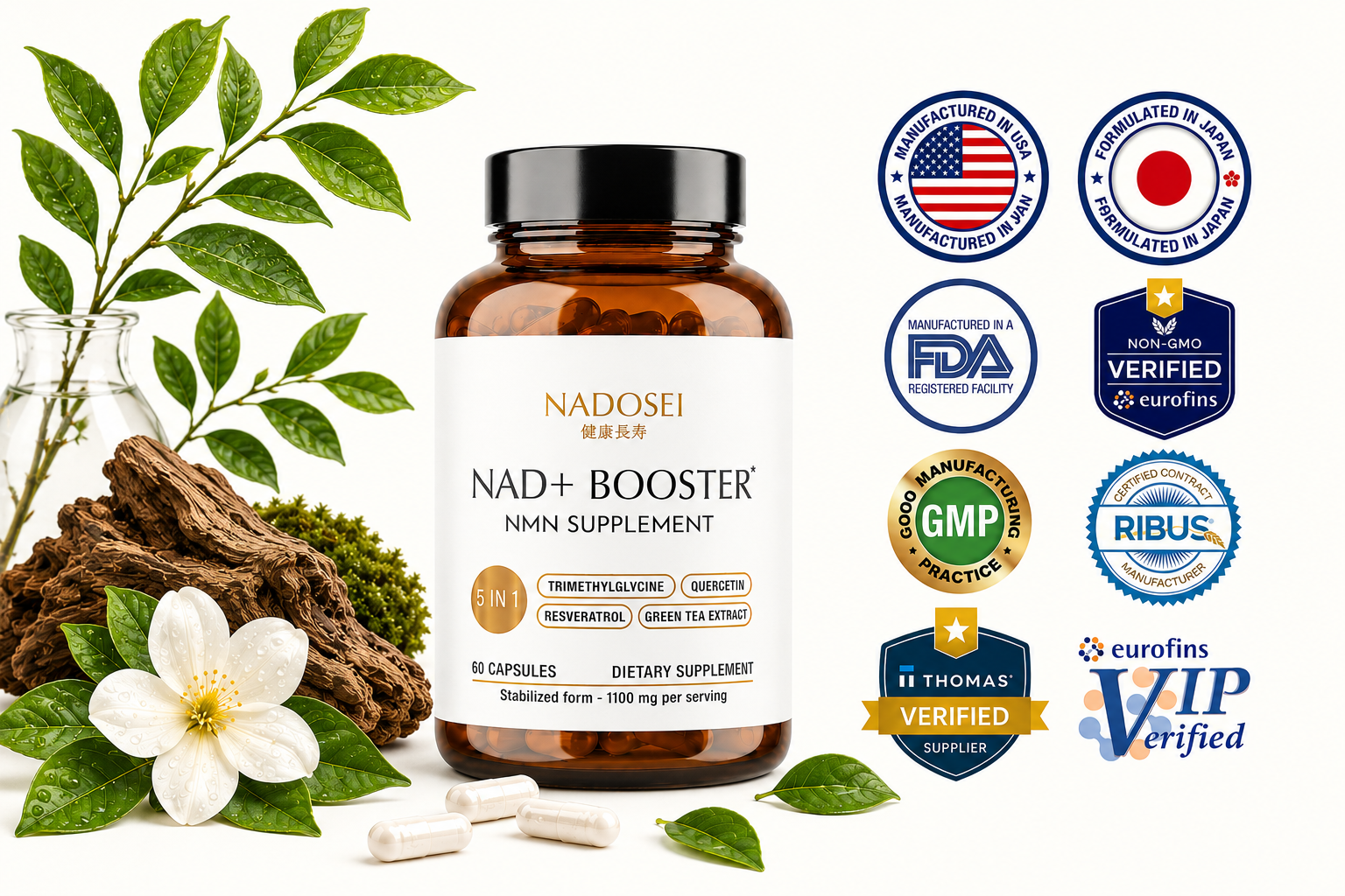 Nadosei NAD+ Booster bottle with USDA, FDA, GMP, third-party verified and Japanese-formulation badges